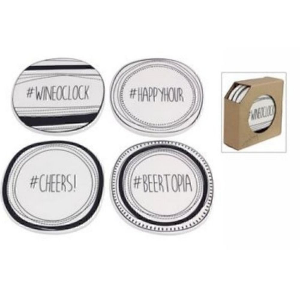 Hash Tag Ceramic Coaster Set Farmhouse Black White